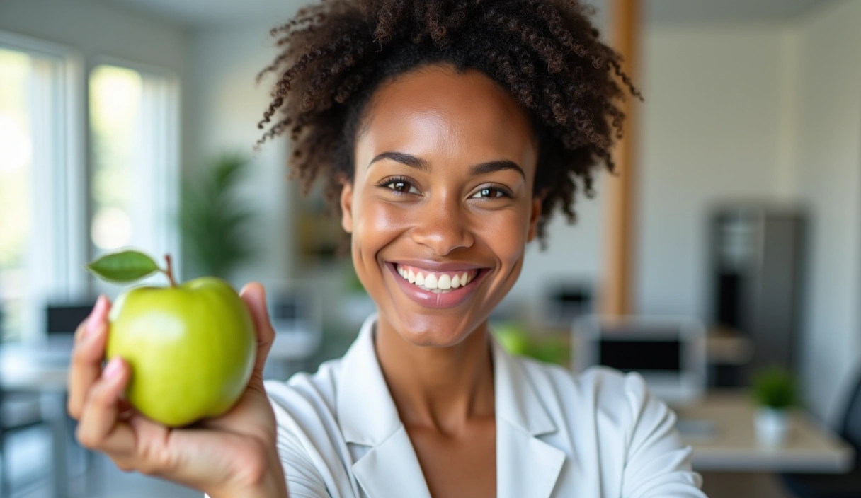 A professional nutritionist smiling and holding a healthy green apple, symbolizing health and guidance.