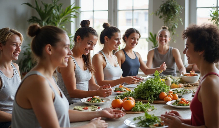 A diverse group of people engaged in healthy activities like yoga and preparing healthy meals, representing community and well-being.