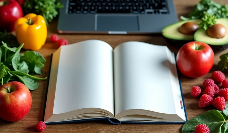 An open book and a laptop surrounded by fresh fruits and vegetables, symbolizing knowledge and healthy living.