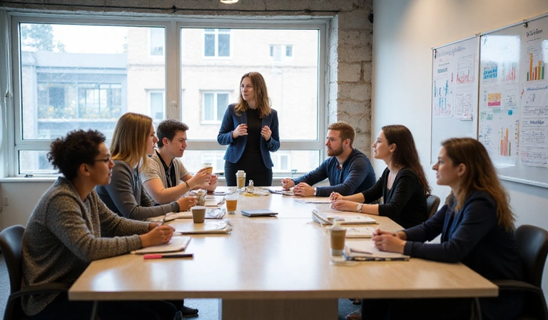 Business team collaborating on a wellness program plan in a modern meeting room.