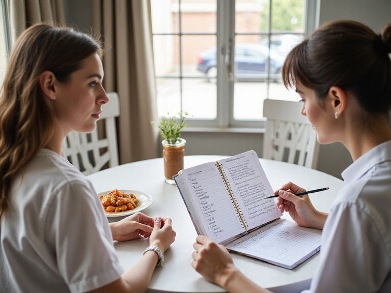 A person reviewing a food diary with a nutritionist, focusing on healthy eating habits.