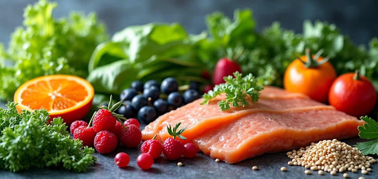 A vibrant assortment of fresh, healthy food ingredients like colorful vegetables, fruits, and grains, symbolizing nutrition and well-being.