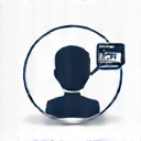 Icon representing online consultation with a person talking to a computer screen.