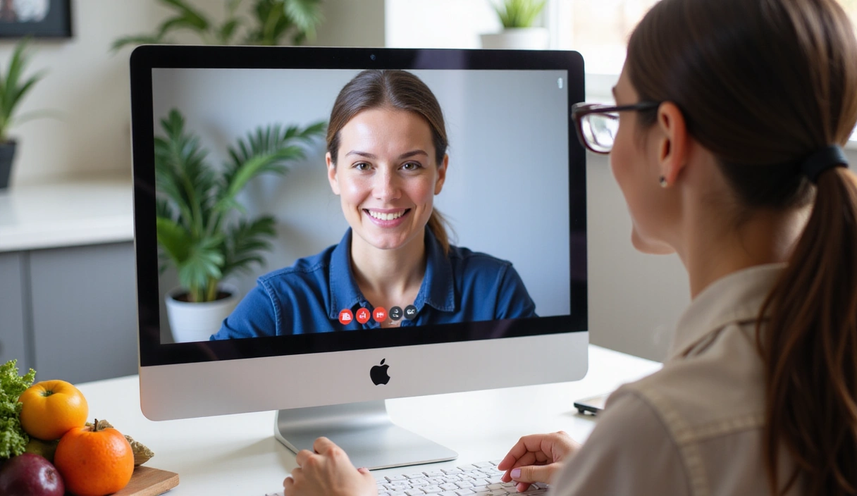 A person engaging in a professional online video call with a nutritionist, smiling and taking notes, with a background showing fresh fruits and vegetables.