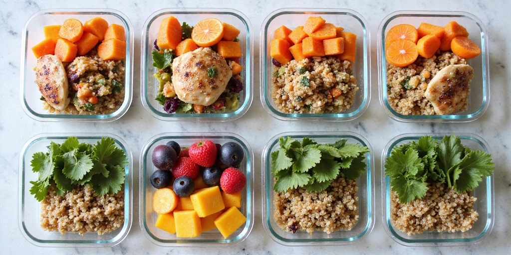 A neatly organized weekly meal prep with containers filled with healthy food.