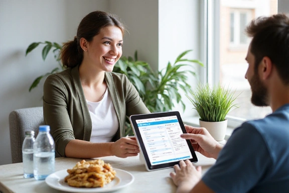A nutritionist consulting with a client, pointing at a digital meal plan on a tablet.
