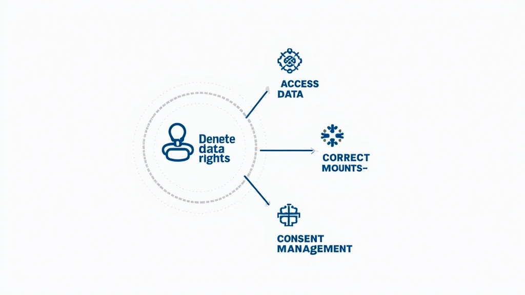 Abstract graphic representing user data rights, with icons for access, correction, deletion, and consent buttons