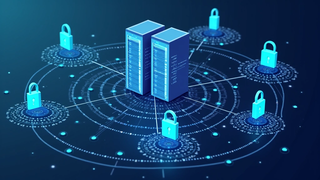 Graphic illustrating data encryption and secure storage practices with locks, server racks, and data flow lines