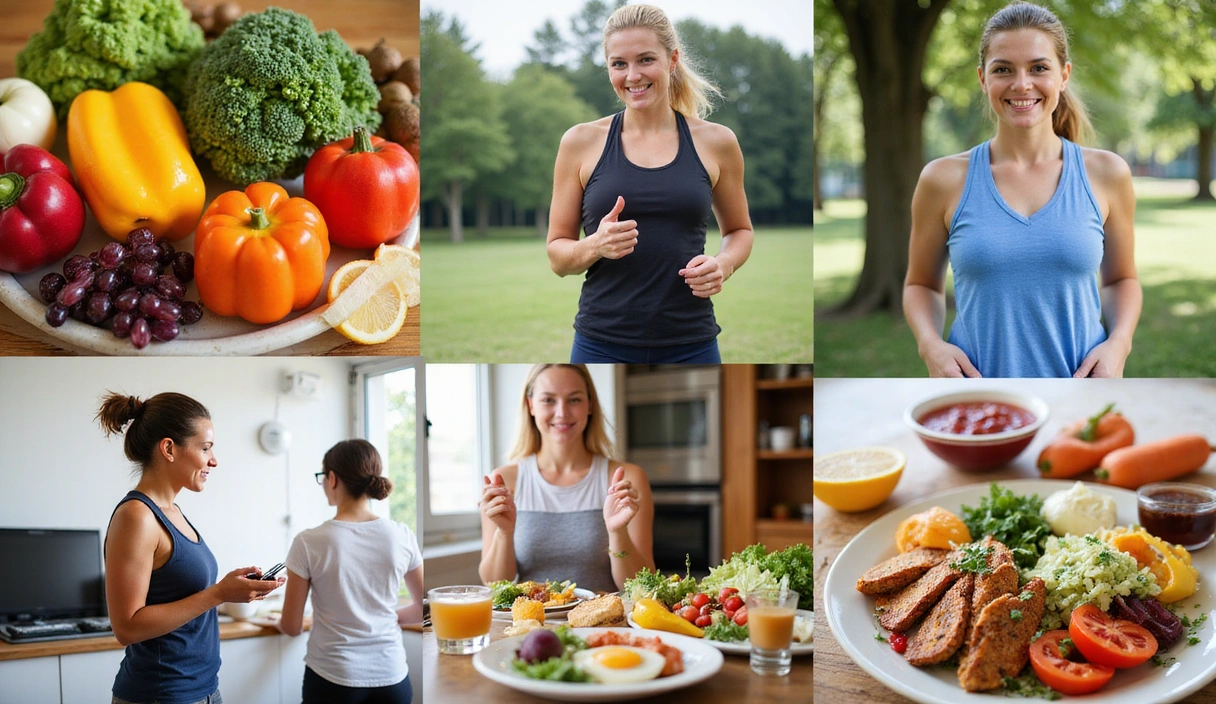 A collage of healthy foods, people exercising, and a nutritionist consulting with a client, symbolizing a holistic approach to health and wellness.