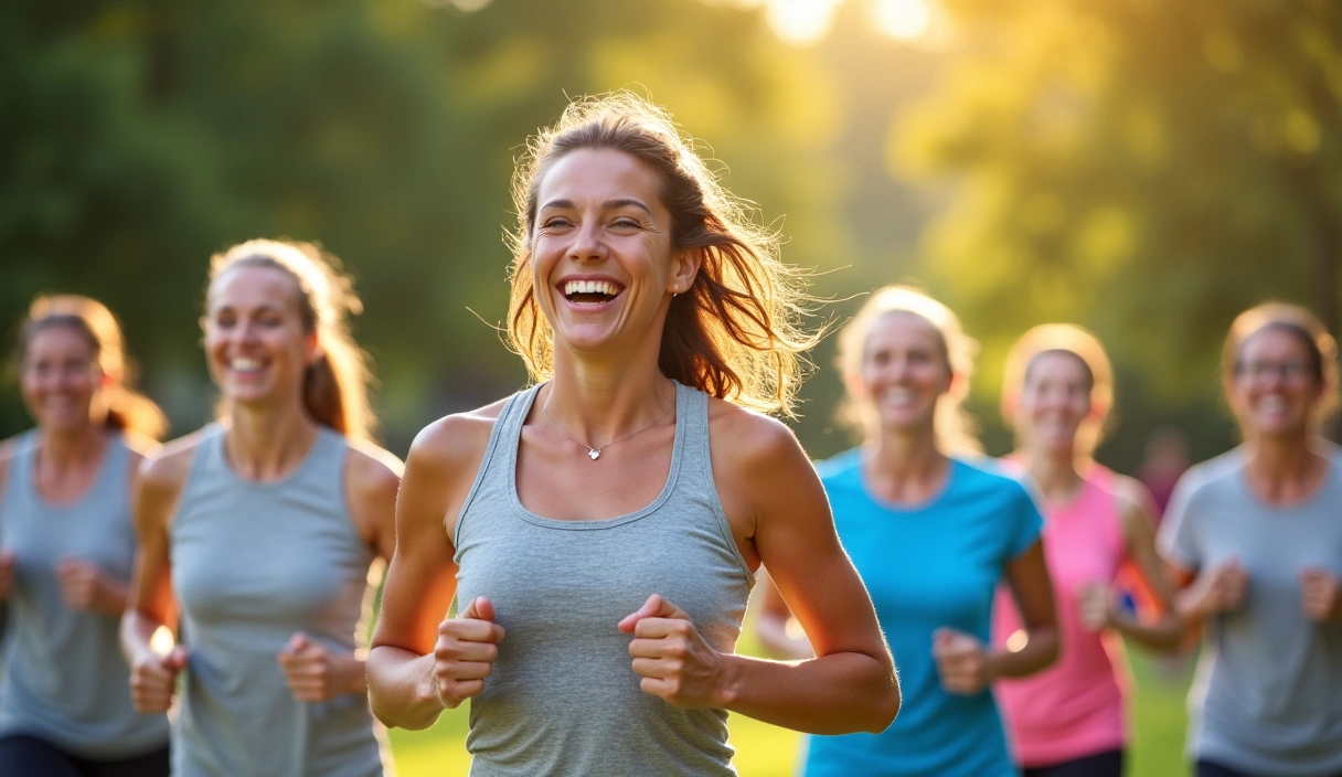 Diverse group of happy people enjoying healthy activities outdoors, symbolizing success and well-being.