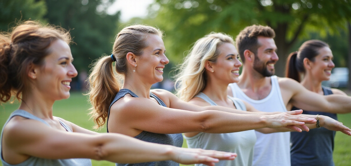 A diverse group of happy, healthy people engaged in a fun, light fitness activity outdoors, symbolizing community and shared success in wellness.