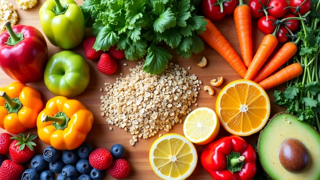 A collection of healthy and colorful foods arranged artfully, symbolizing balanced nutrition.